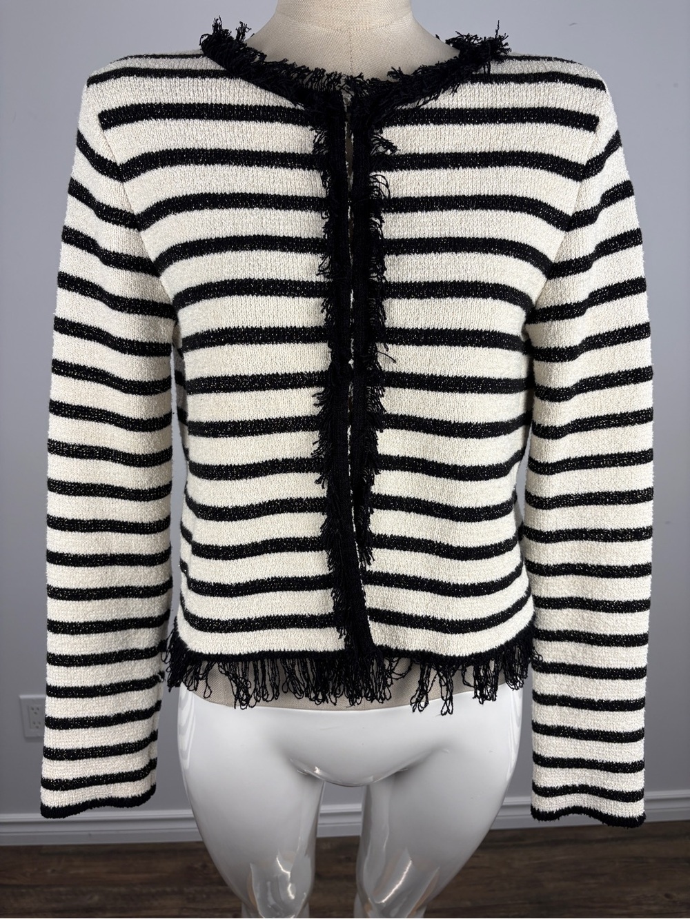 Mango Striped Textured Knit Cardigan Fringed Jacket Cream Black S